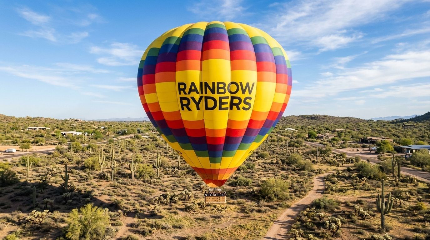 A multicolored Rainbow Ryders hot air balloon flying over a desert landscape with saguaro cacti.
