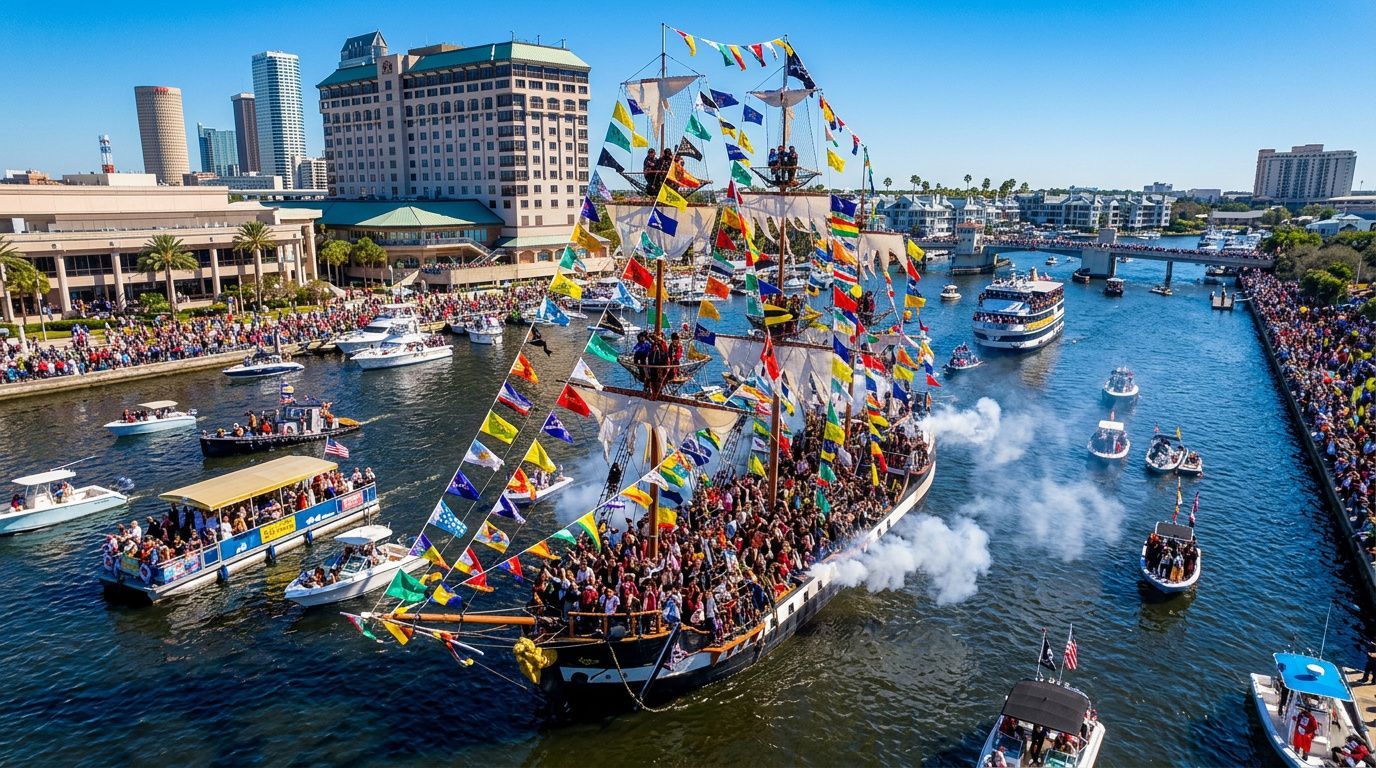 Colorful decorated boats in a crowded harbor, with water splashes and city buildings in the background