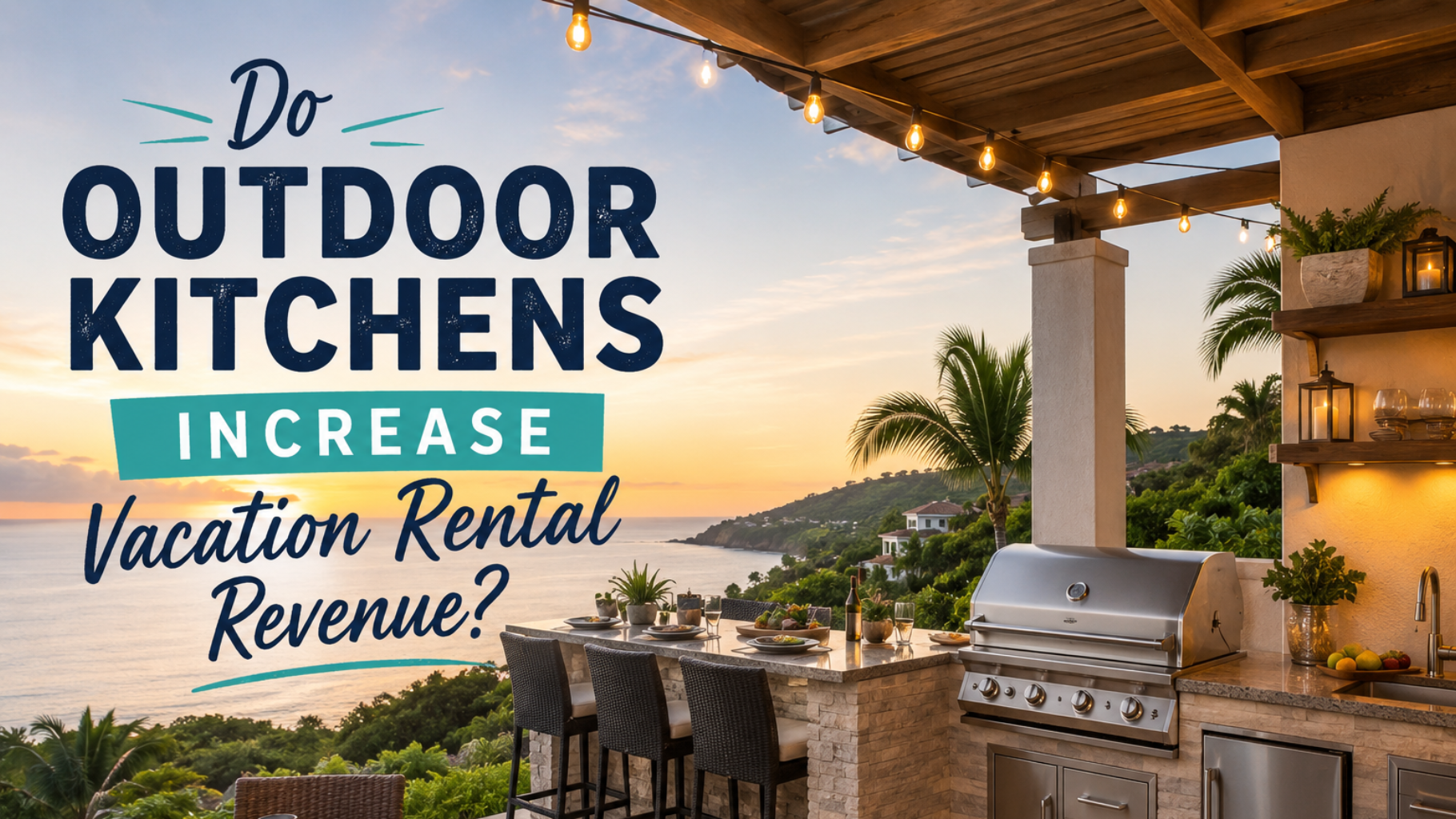Outdoor kitchen overlooking sunset view with text: “Do Outdoor Kitchens Increase Vacation Rental Revenue?”