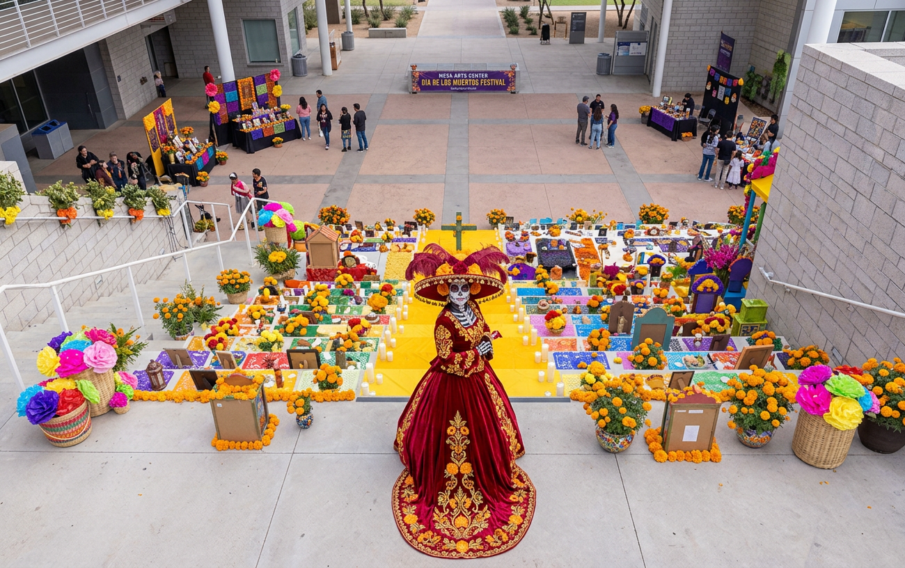 Red-and-gold dress displays among colorful flower arrangements in an outdoor courtyard with people in the background
