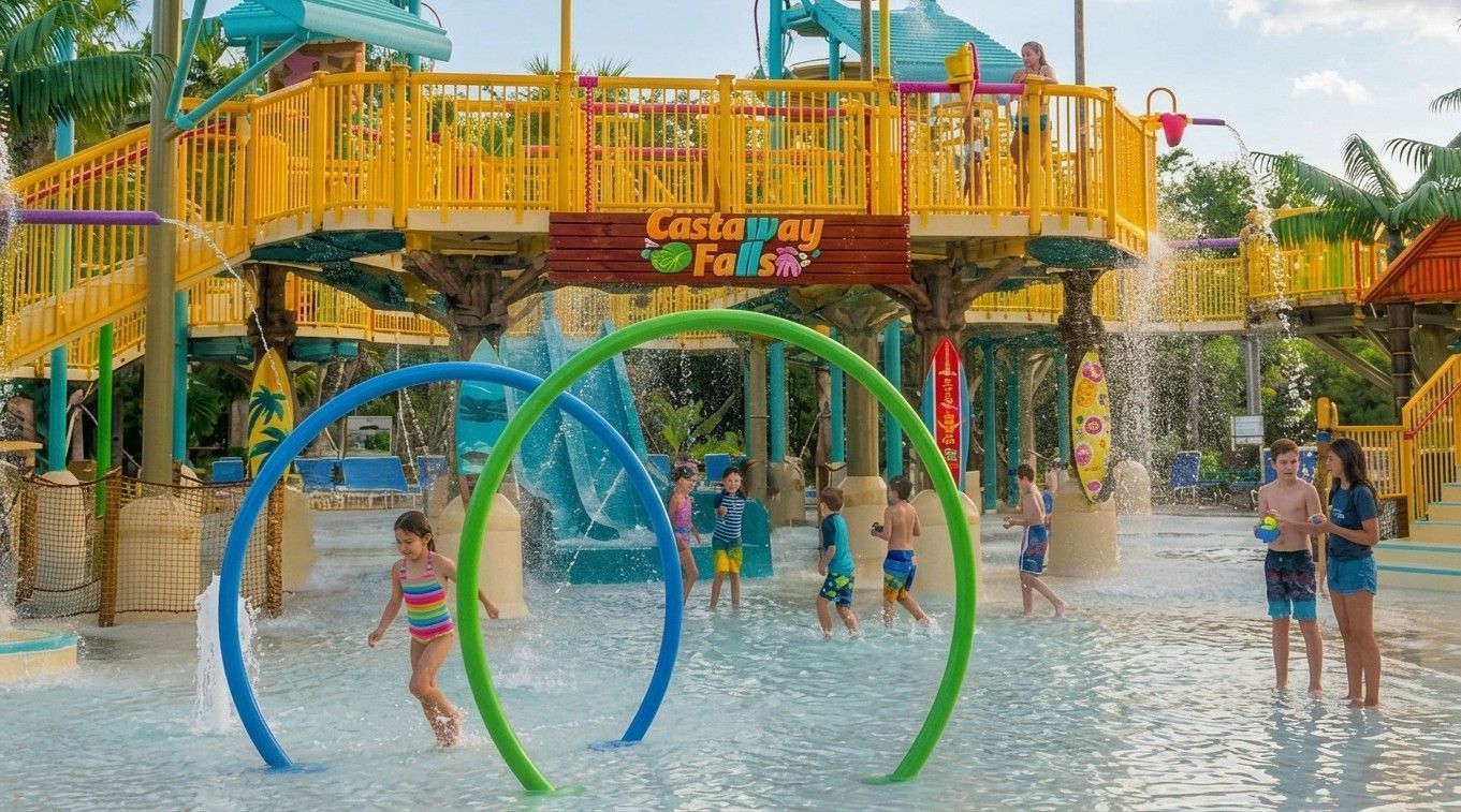 Children play at Castaway Falls, a vibrant yellow water park structure with water arches, slides, and shallow pools.