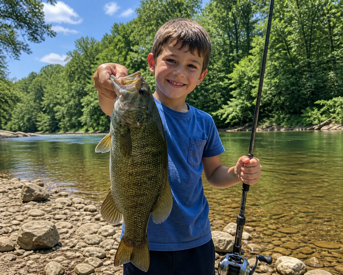 Smiling child holding a large fish beside a river, with a fishing rod and rocky shoreline along the Cumberland River
