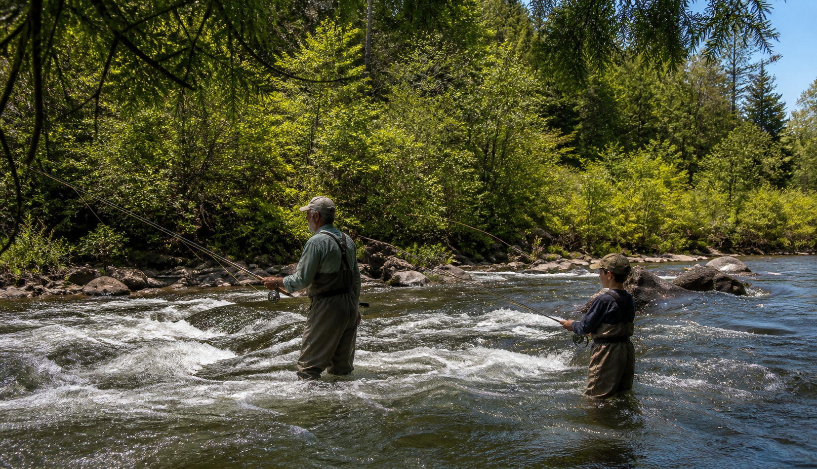 Two people wade in Mountain Fork River, near Broken Bow, OK, with fishing rods, surrounded by green forest.