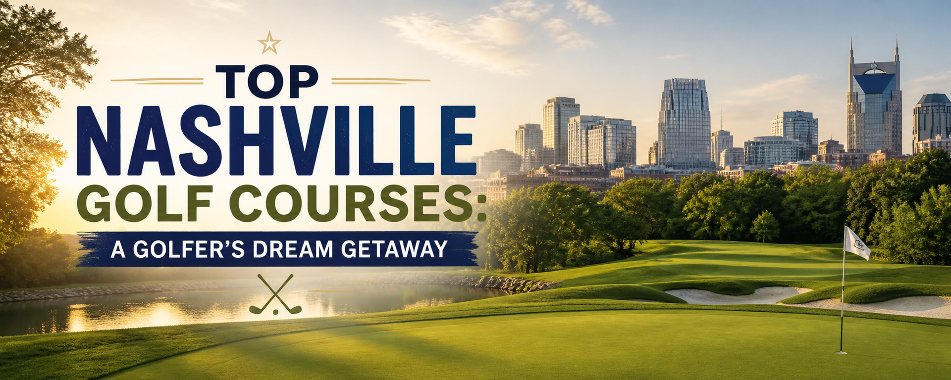 Top Nashville Golf Courses banner with city skyline and green fairway at sunset