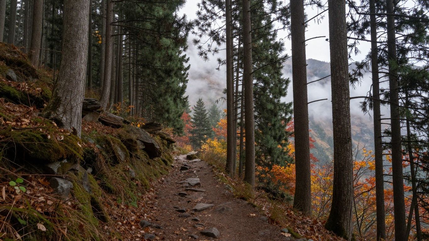 Wooded mountain trail with mossy rocks, tall trees, and autumn foliage on a misty hillside