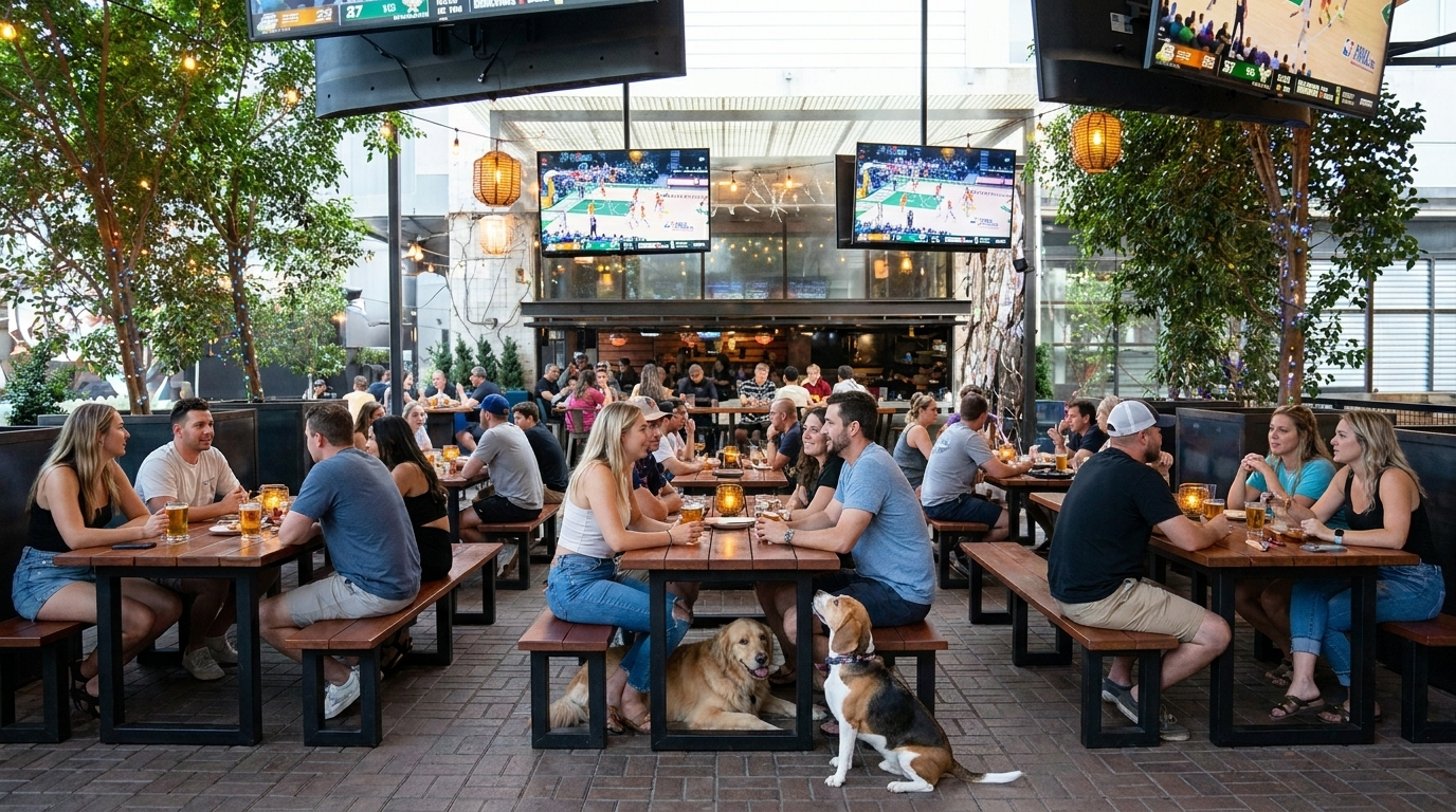 Outdoor beer garden with people seated at communal tables under TVs, with a dog lying nearby at dusk