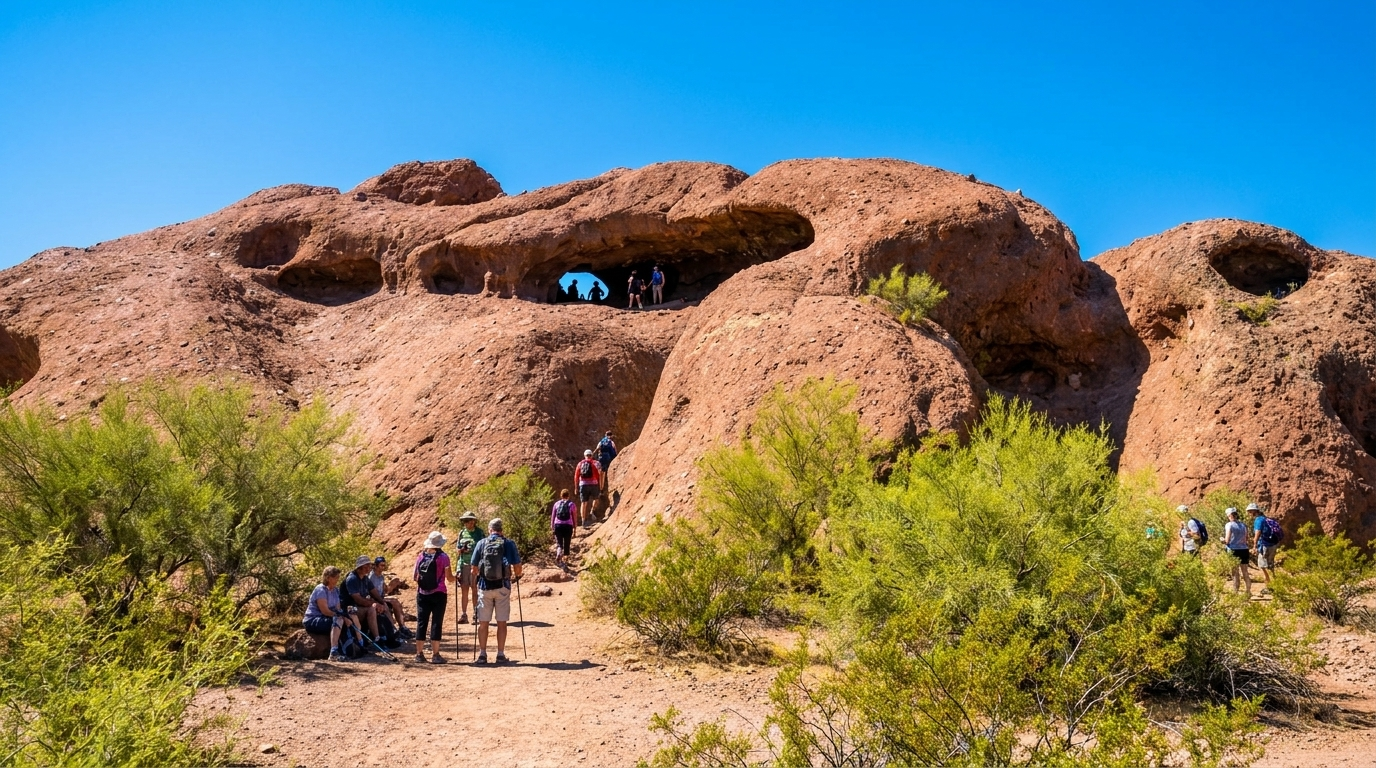 People walking on a trail through large reddish rock formations with shrubs under a bright blue sky
