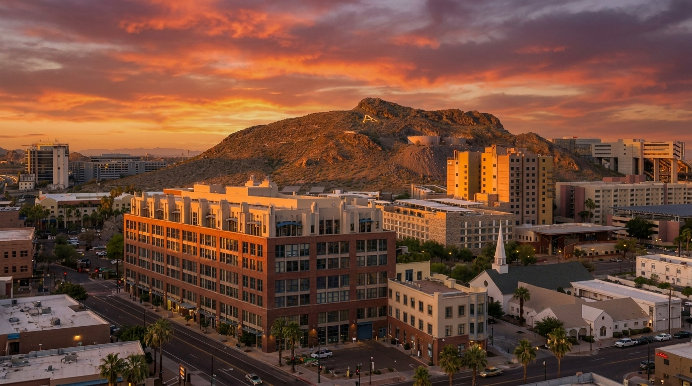 Sunset over a city with a lit brick building in the foreground and a mountain backdrop
