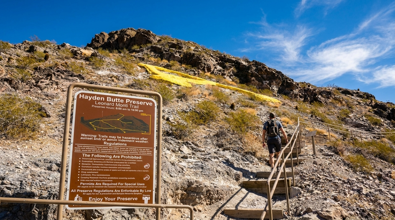Brown trail sign beside a rocky hillside path under a bright blue sky