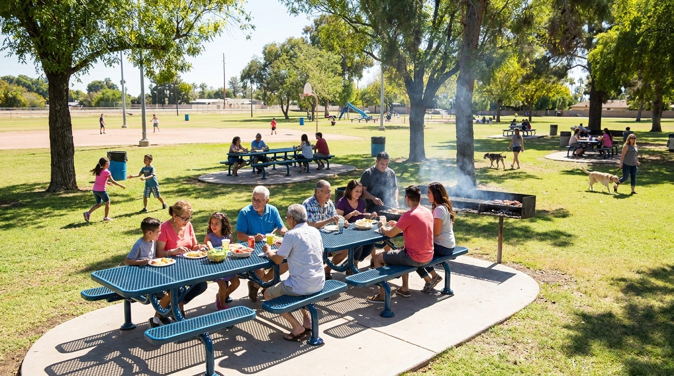 People gathered at picnic tables in a sunny park, with trees, grass, and a grill smoke plume nearby.