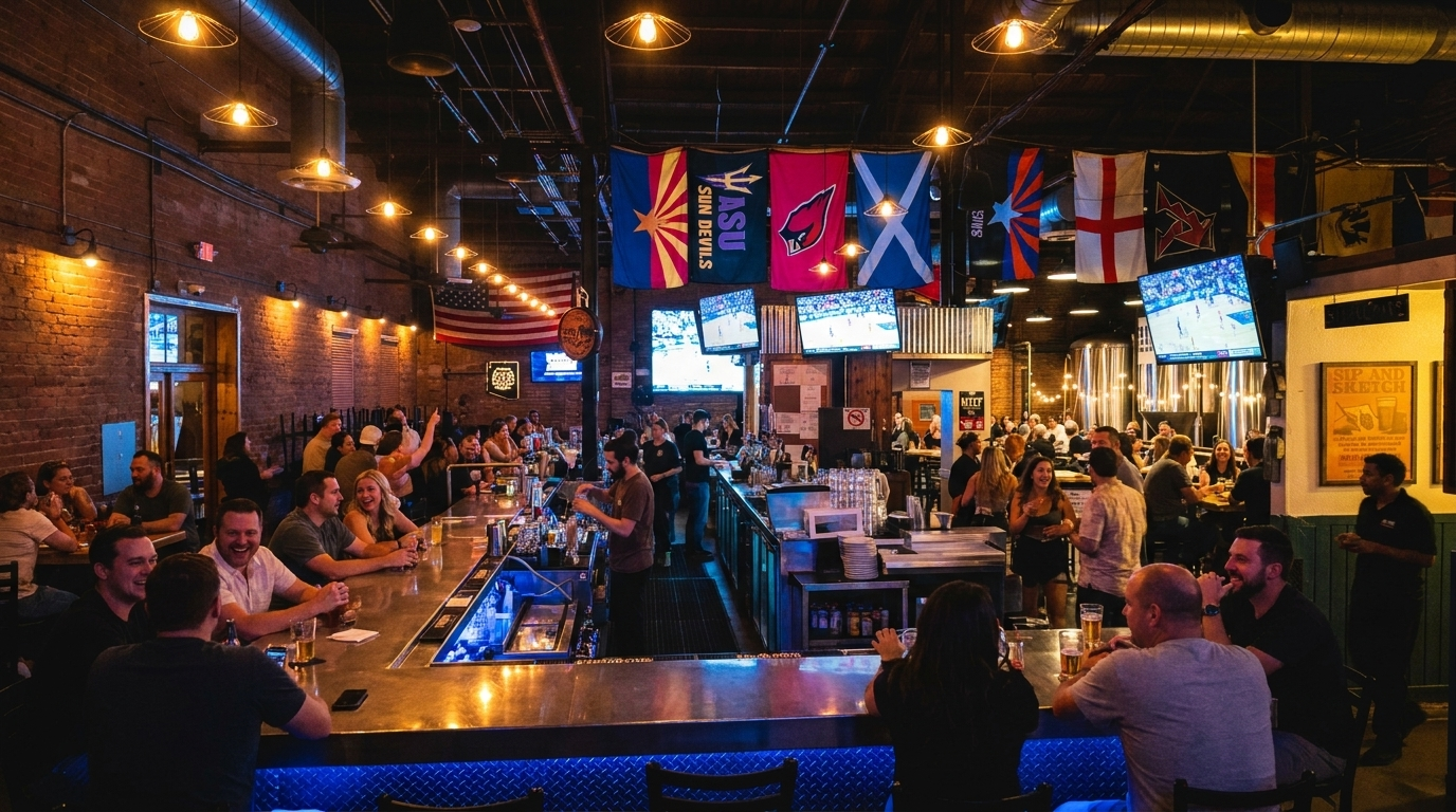 Crowded sports bar with people seated at tables, TVs overhead, and colorful lights reflecting on the dark interior