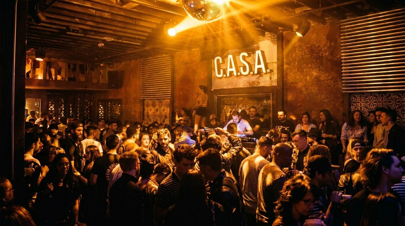 Crowded nightclub with warm orange lighting and a glowing “CASA” sign above the stage