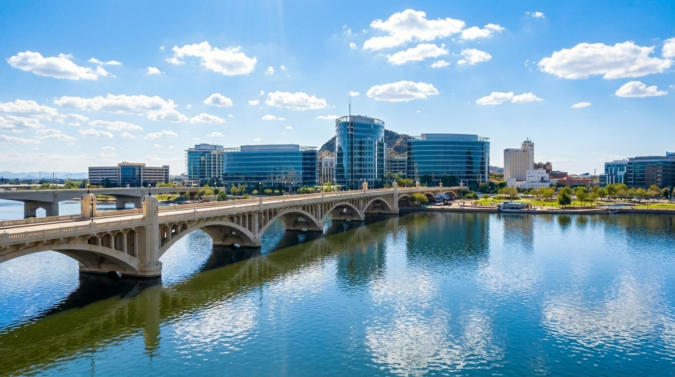 Wide river with arched bridge and modern buildings under a blue sky with clouds