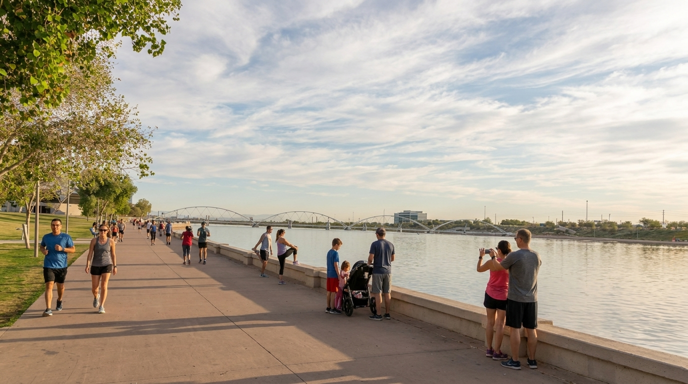 People walking and jogging along a riverside promenade with trees and calm water at sunset.