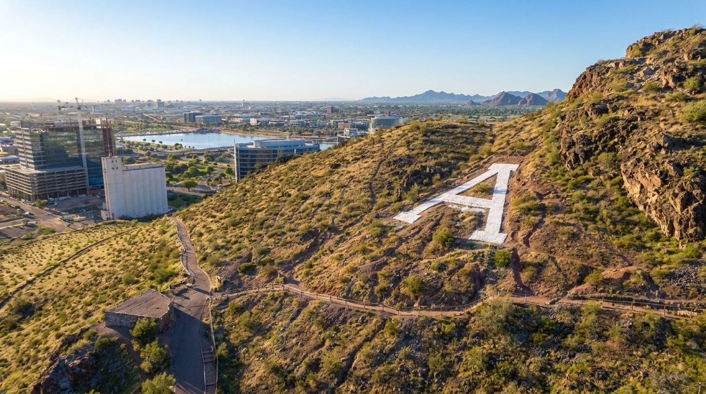 Large white A on a grassy hillside overlooking a city and bay at sunset