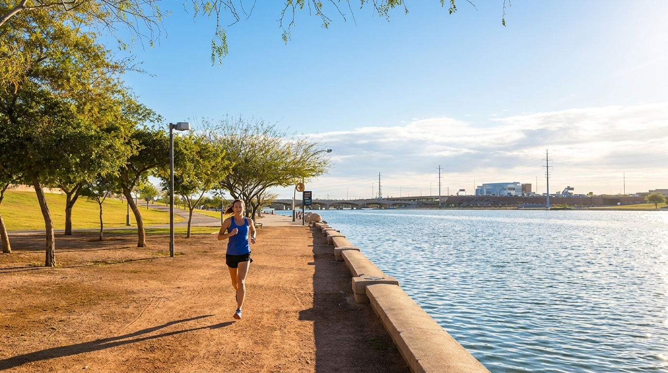 Runner on a sunny waterfront path beside trees and a calm bay, with city structures in the distance.