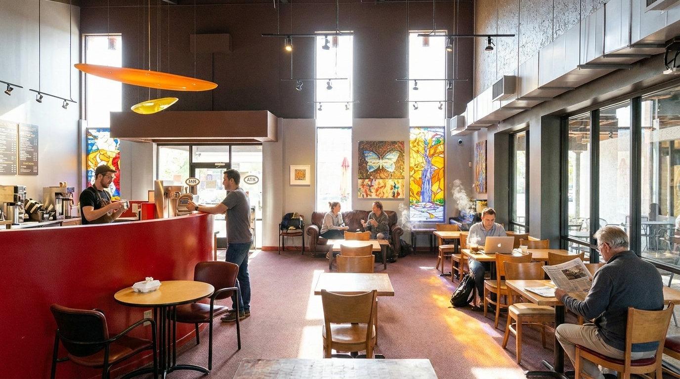 Bright café interior with red walls, wooden tables, and a few seated patrons by large windows.