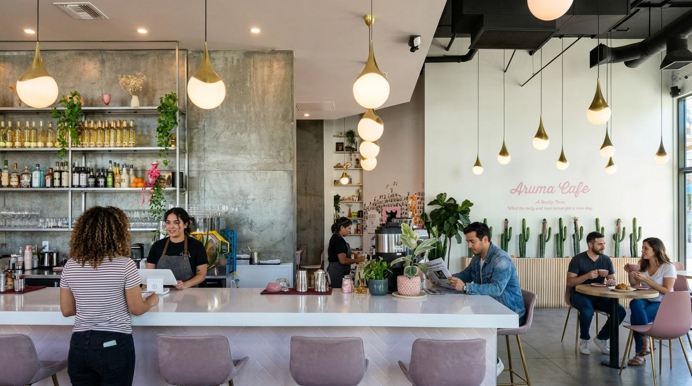 Bright café interior with a marble bar, hanging lights, and people chatting and working at tables