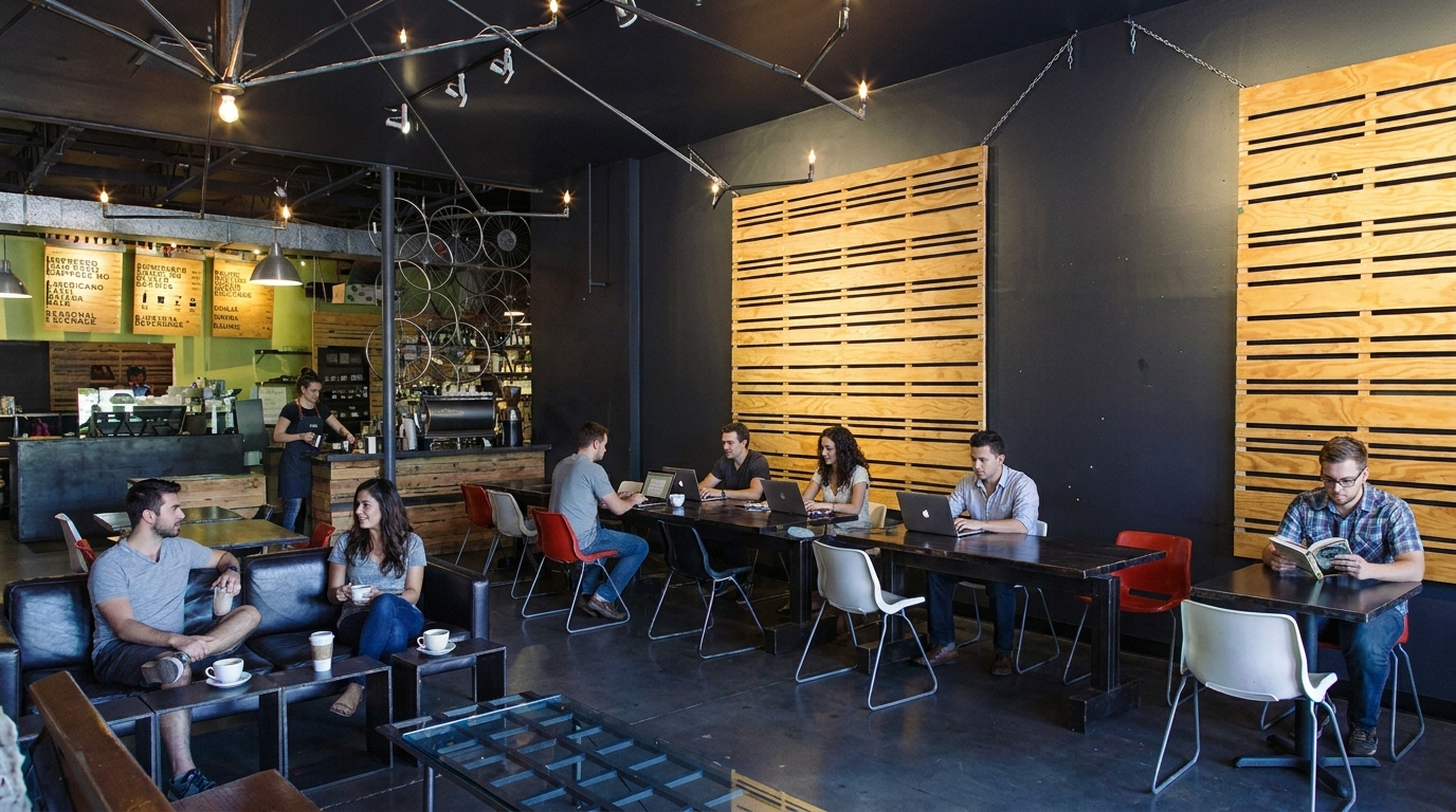 People seated at tables in a dim café with dark walls, wooden decor, and string lights overhead.