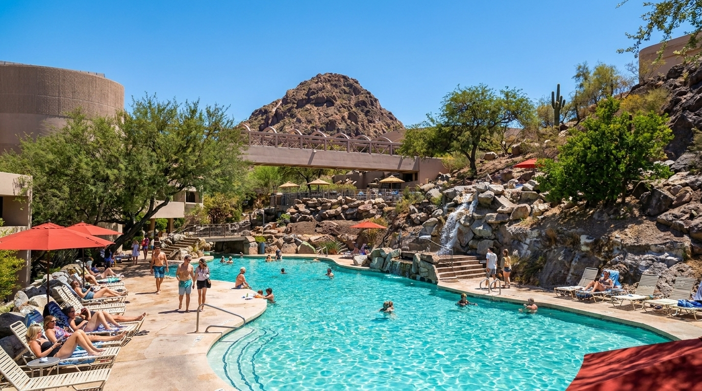 Resort pool with people swimming, red umbrellas, rocks, and a desert mountain backdrop