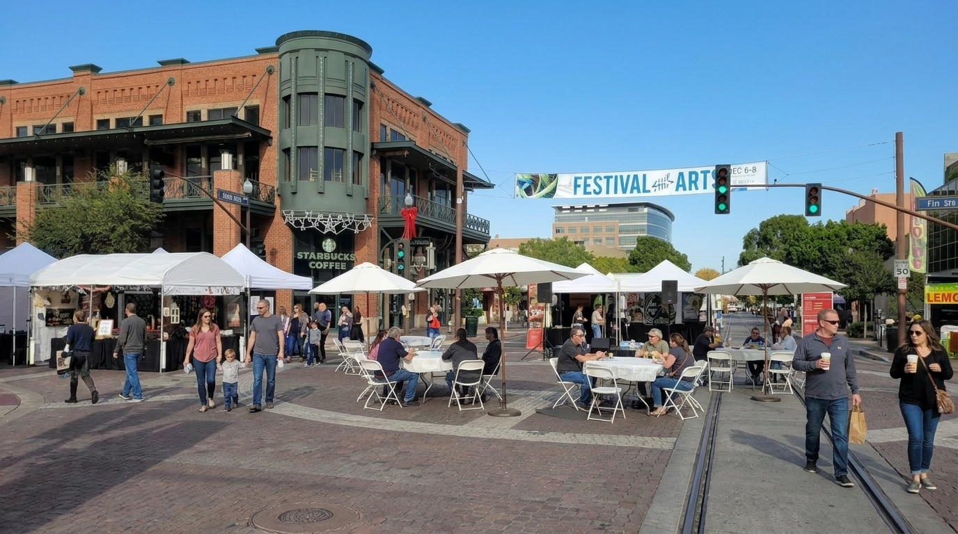 Outdoor street festival with white tents, people sitting and walking, and a