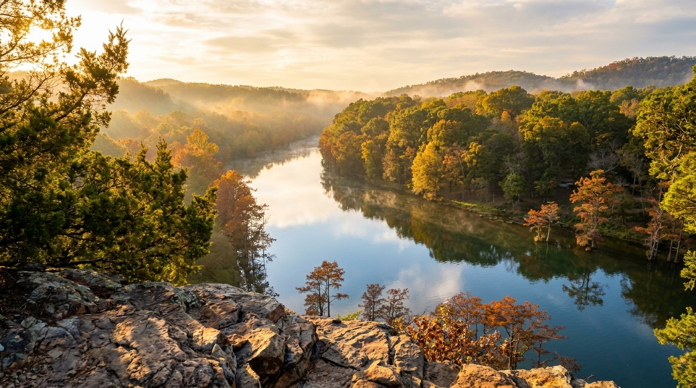 Sunrise over a winding river bordered by autumn trees and rocky cliffs, with mist in the valley