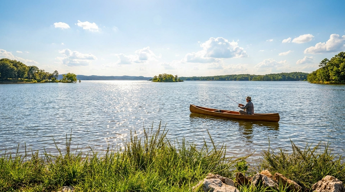 Small wooden canoe on a calm lake, with a person paddling near a grassy shore under a bright sky.
