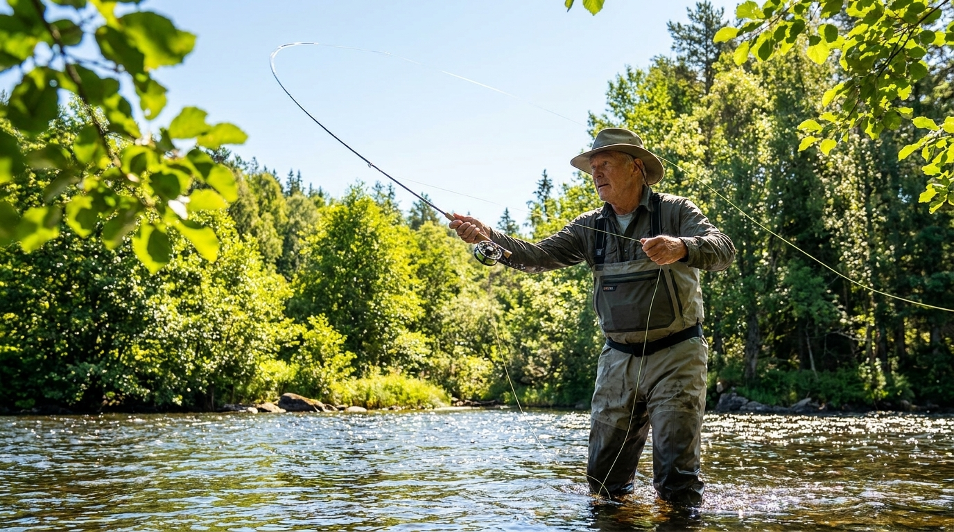 Person fly-fishing in a clear river surrounded by green forest, holding a bent fishing rod