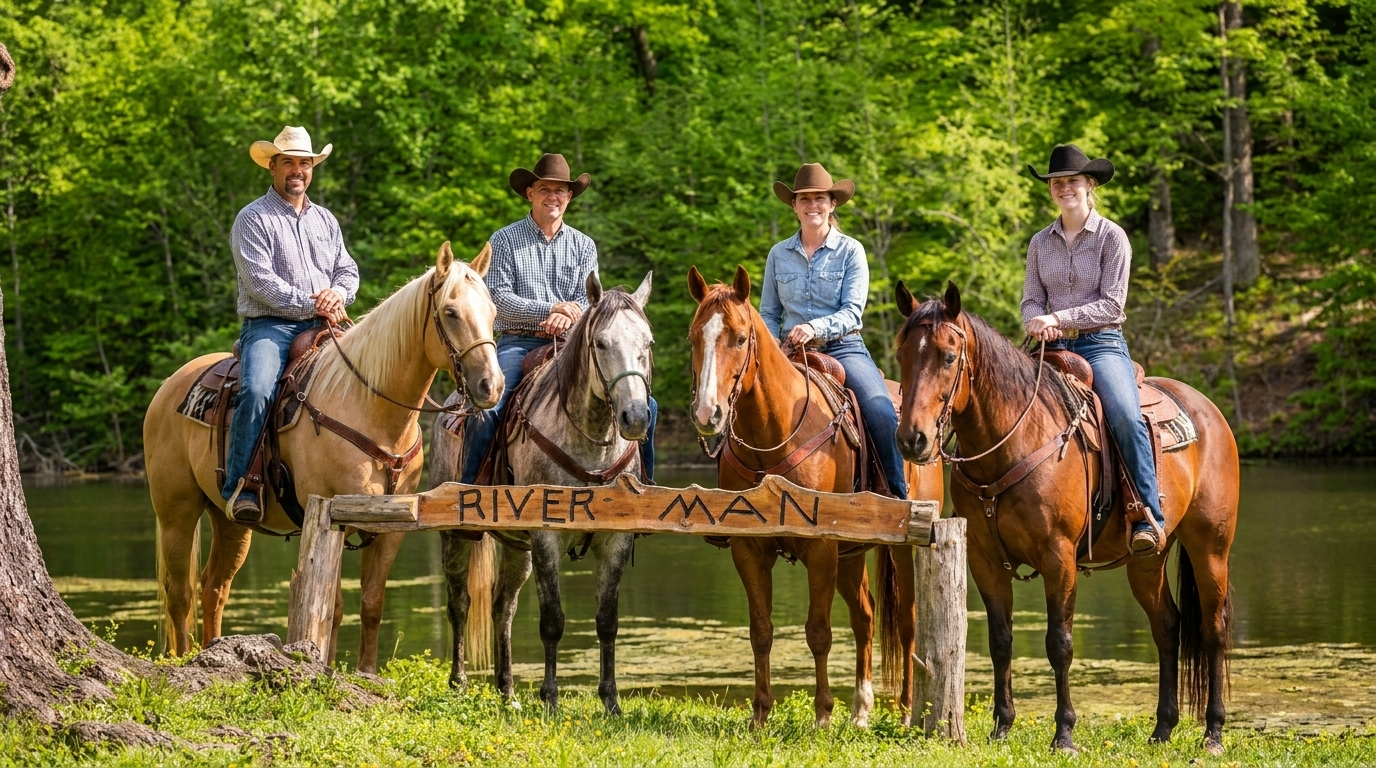 Four riders on horses posing by a rustic wooden sign in a green wooded clearing