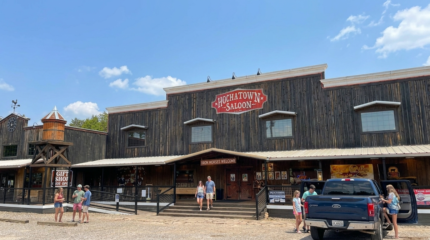 Western-style storefront under blue sky, with people walking and a parked black pickup in front.