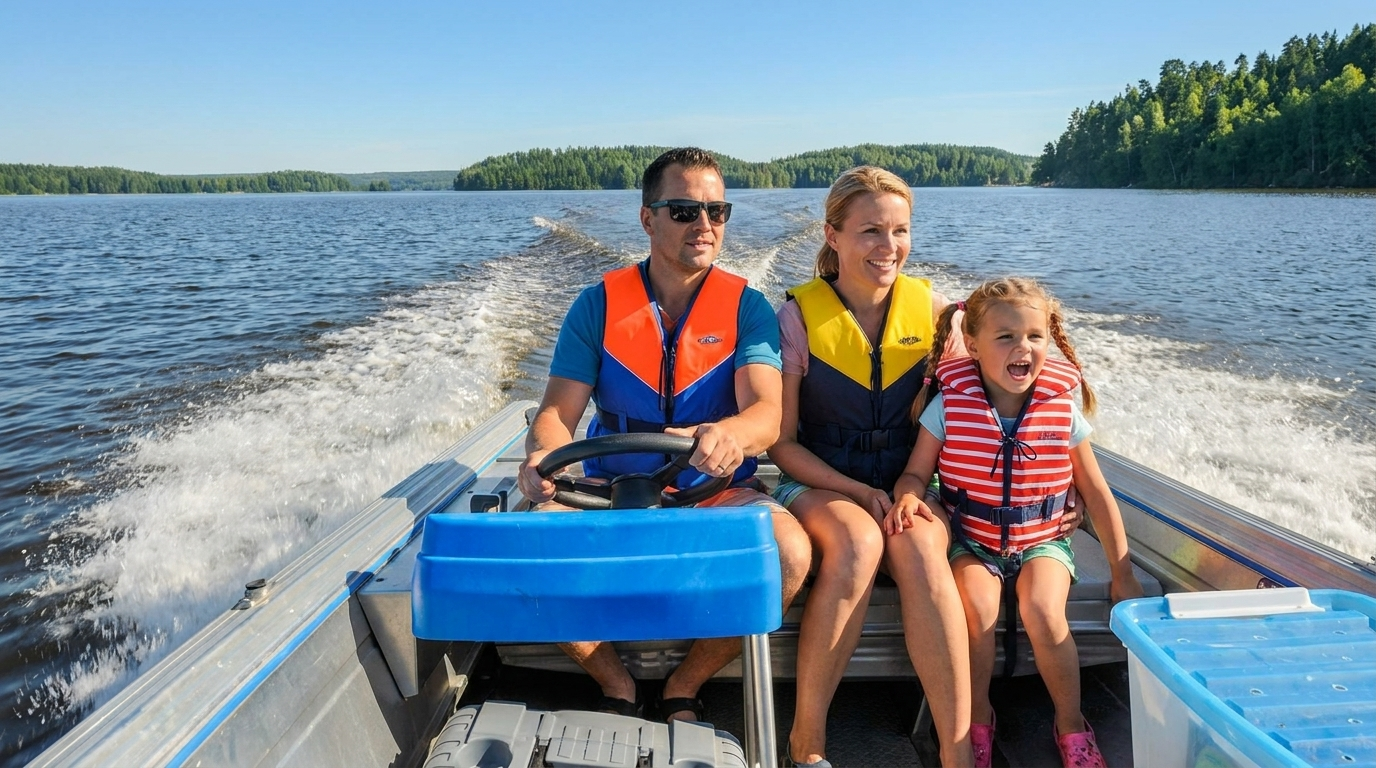 Three people in life jackets riding a speedboat across a lake on a sunny day