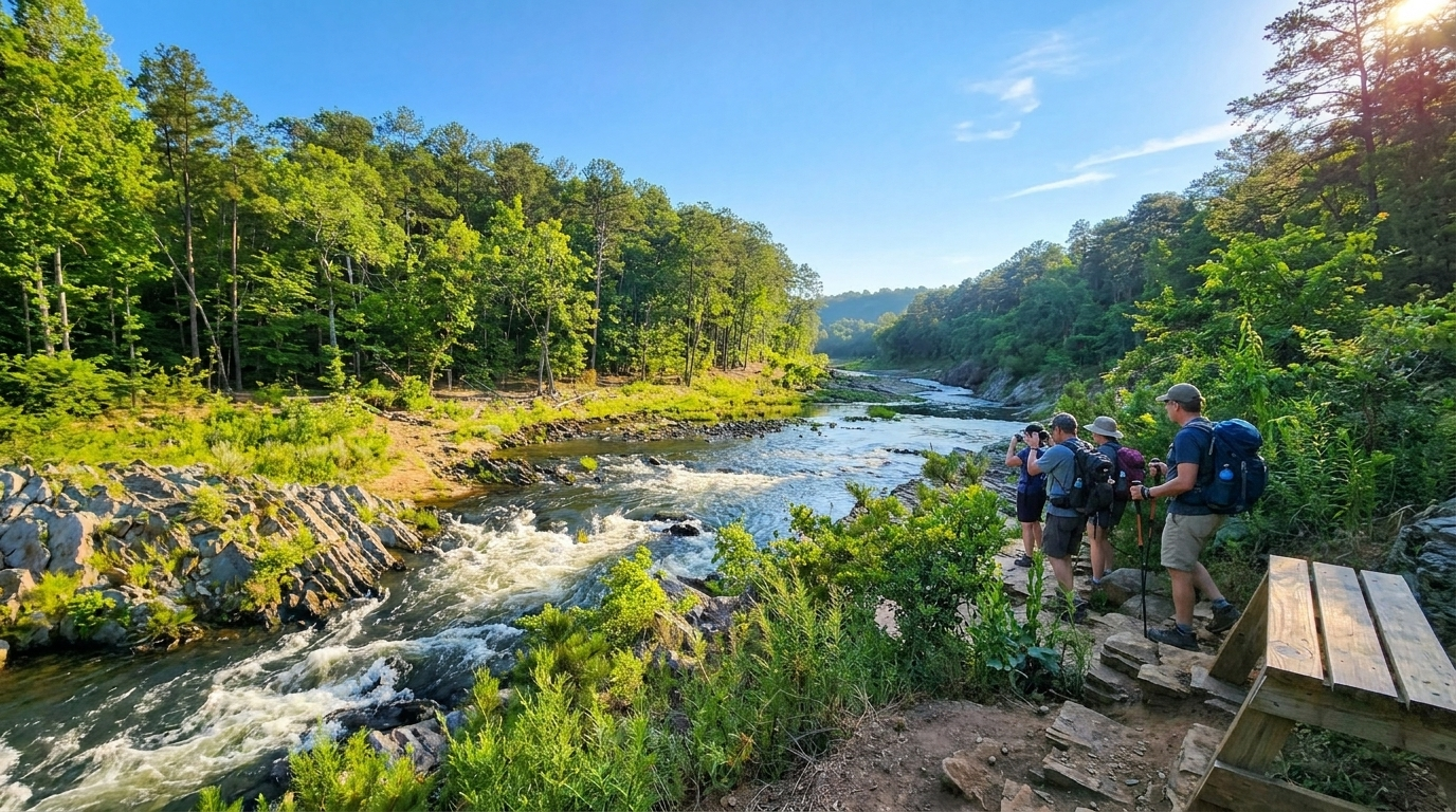 Hikers pause beside a rocky river in a sunny green forest, with a bench at right.