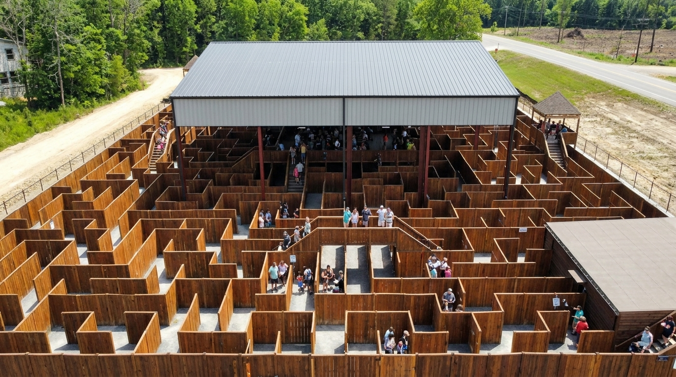 Aerial view of a large outdoor wooden maze with a gray-roofed building and people inside