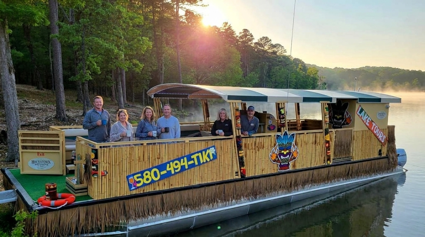 Pontoon boat on a calm lake with people seated inside at sunset, with cabin lights and a wooded shoreline.