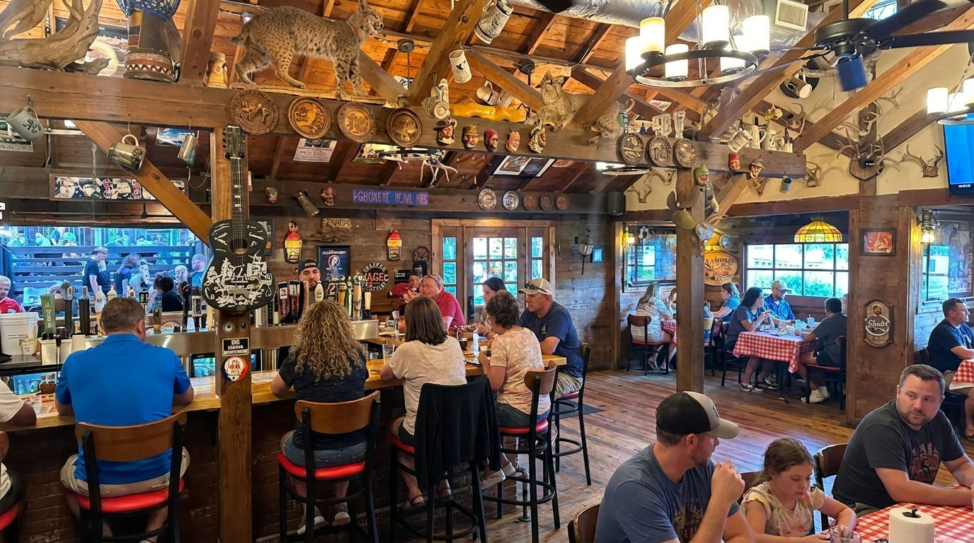 Bustling rustic restaurant with a crowded bar, wooden decor, hanging lights, and diners seated at tables.