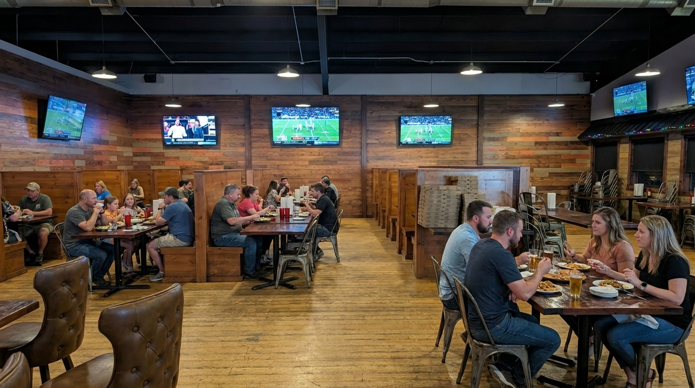 Sports bar with patrons seated at tables, TVs showing games, and wood-paneled walls
