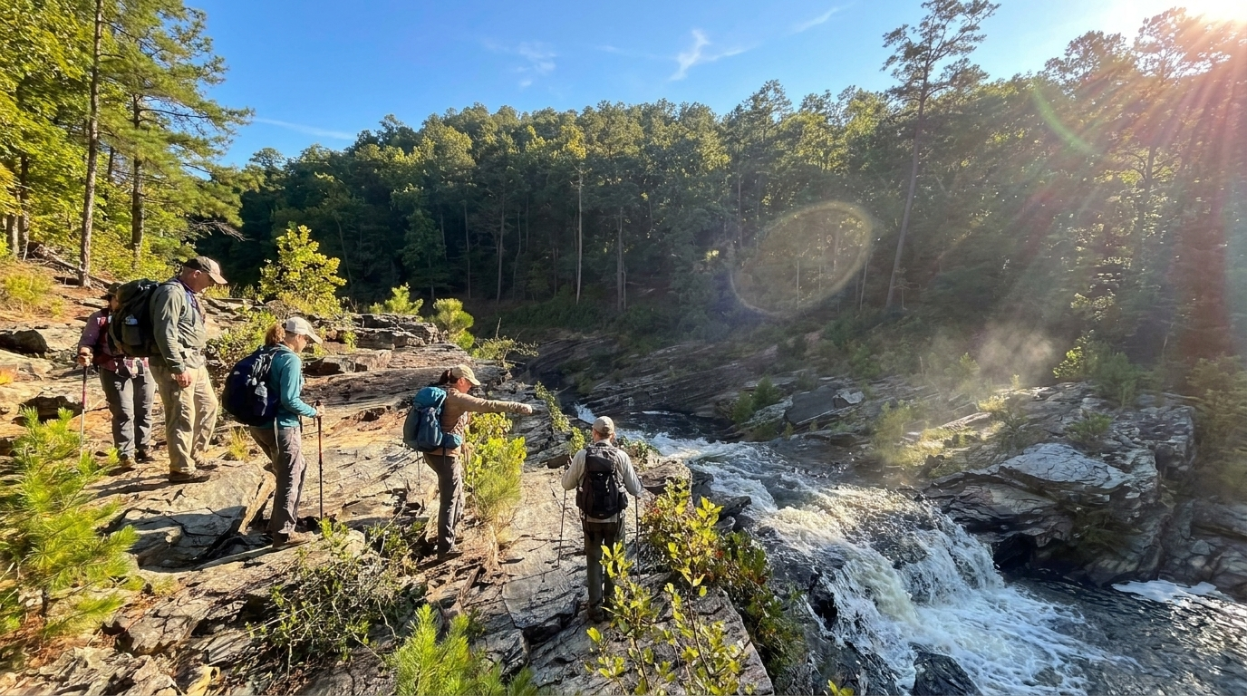 Hikers on a rocky trail beside a rushing waterfall in a sunlit forest