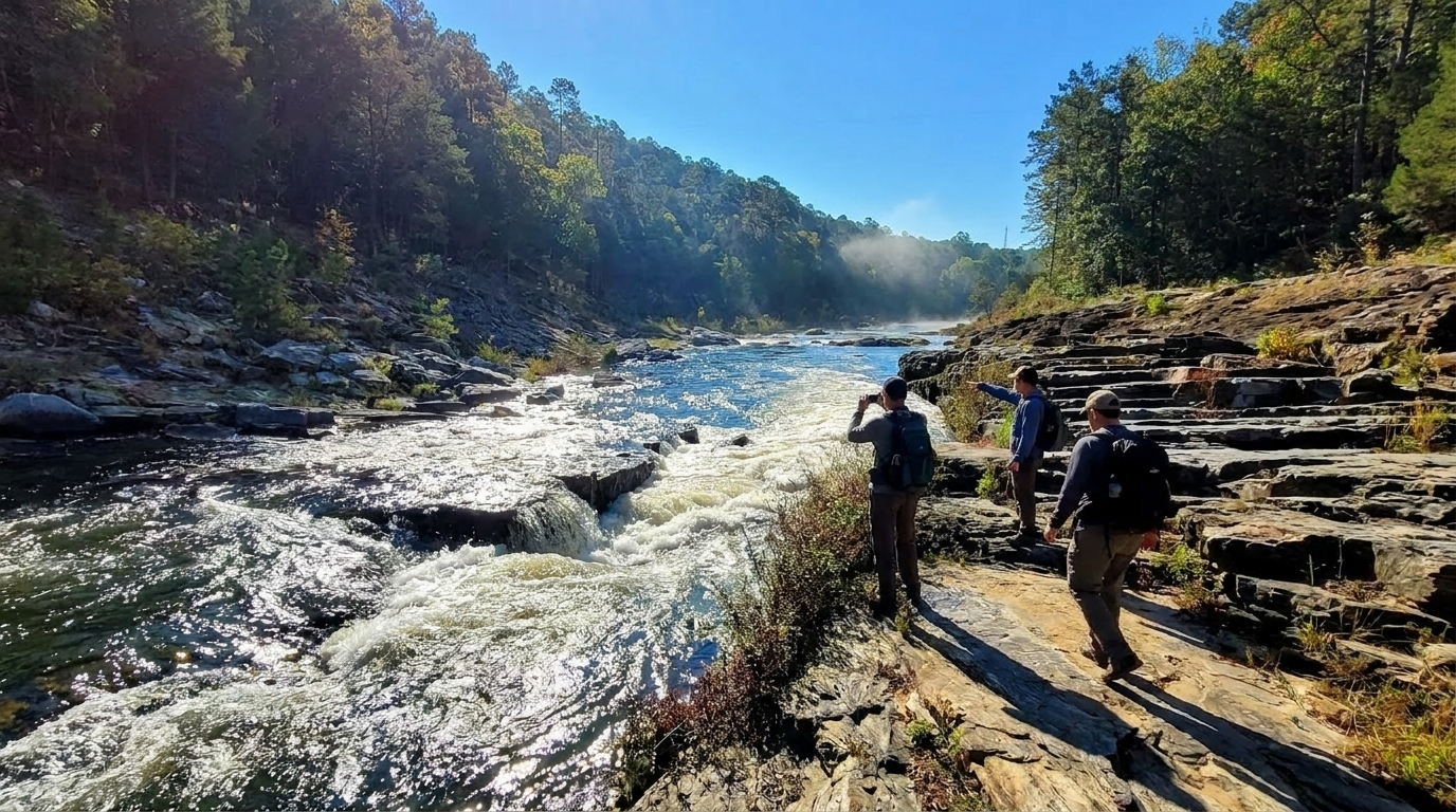 Hikers walking beside a sparkling river in a sunny forested canyon