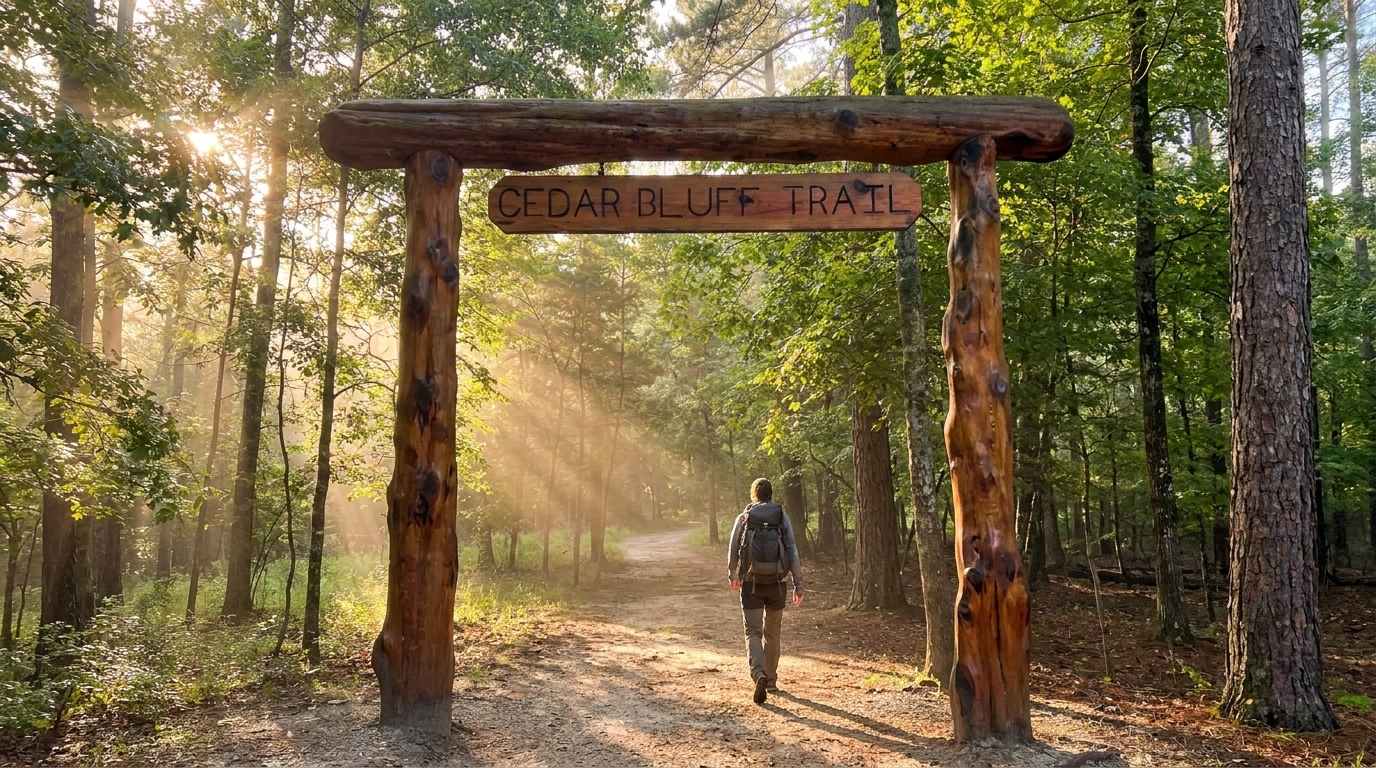 Hiker walking under wooden trail arch in a sunlit forest