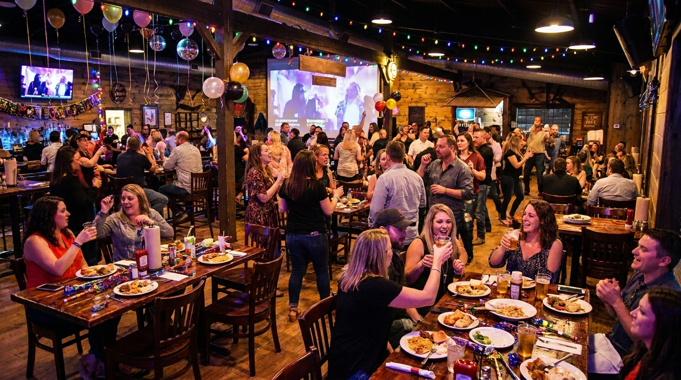 Crowded restaurant with diners at tables, plates of food, and a large projection screen in the background