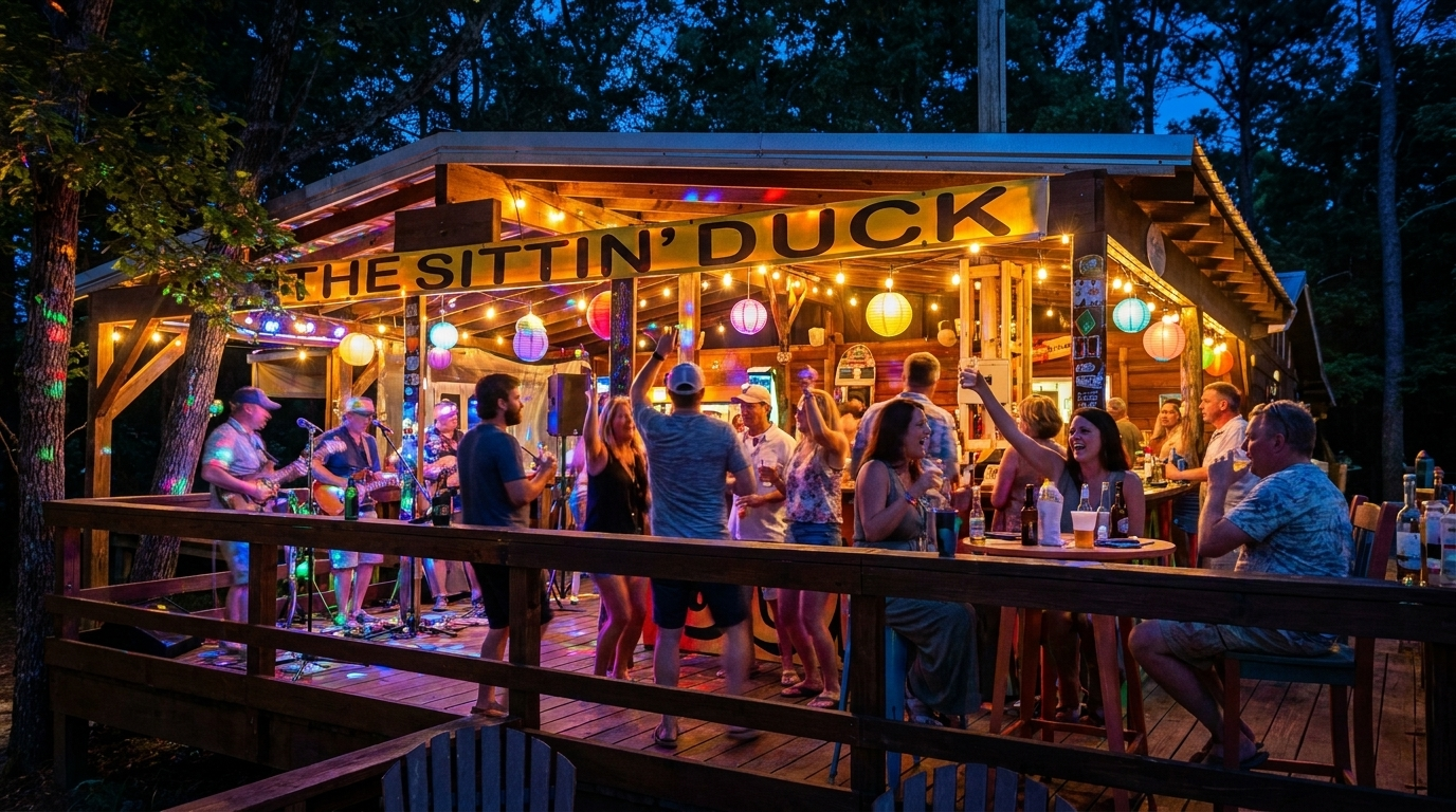 Crowded outdoor bar at night with warm lights, people chatting on a wooden deck by the water