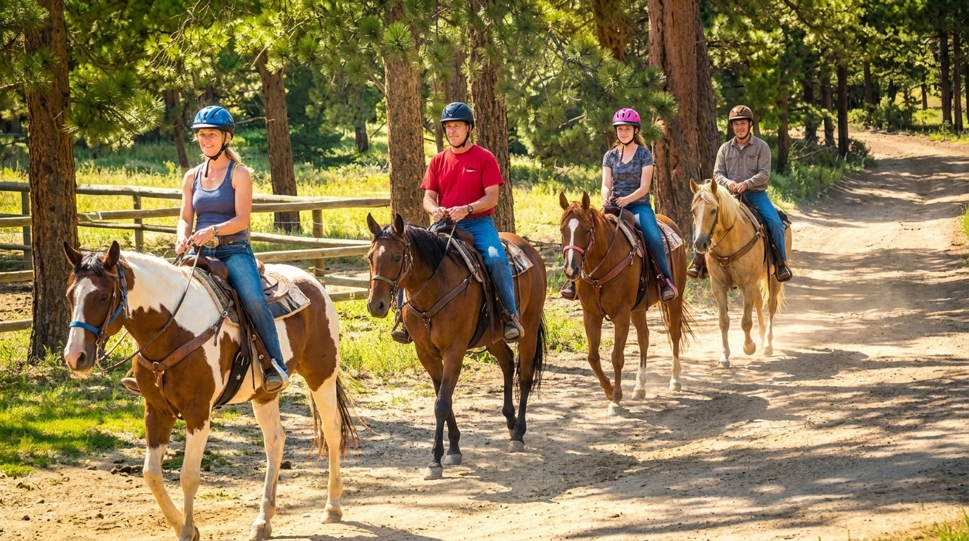 Four people horseback riding on a sunlit forest trail with trees and dust in the background