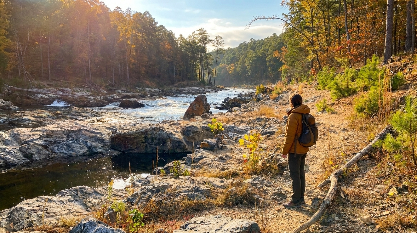 Person with backpack stands by a rocky river in a sunlit autumn forest.