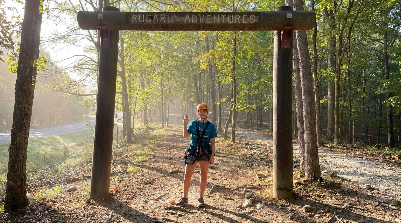 Hiker standing under a wooden trail arch in a sunlit forest clearing