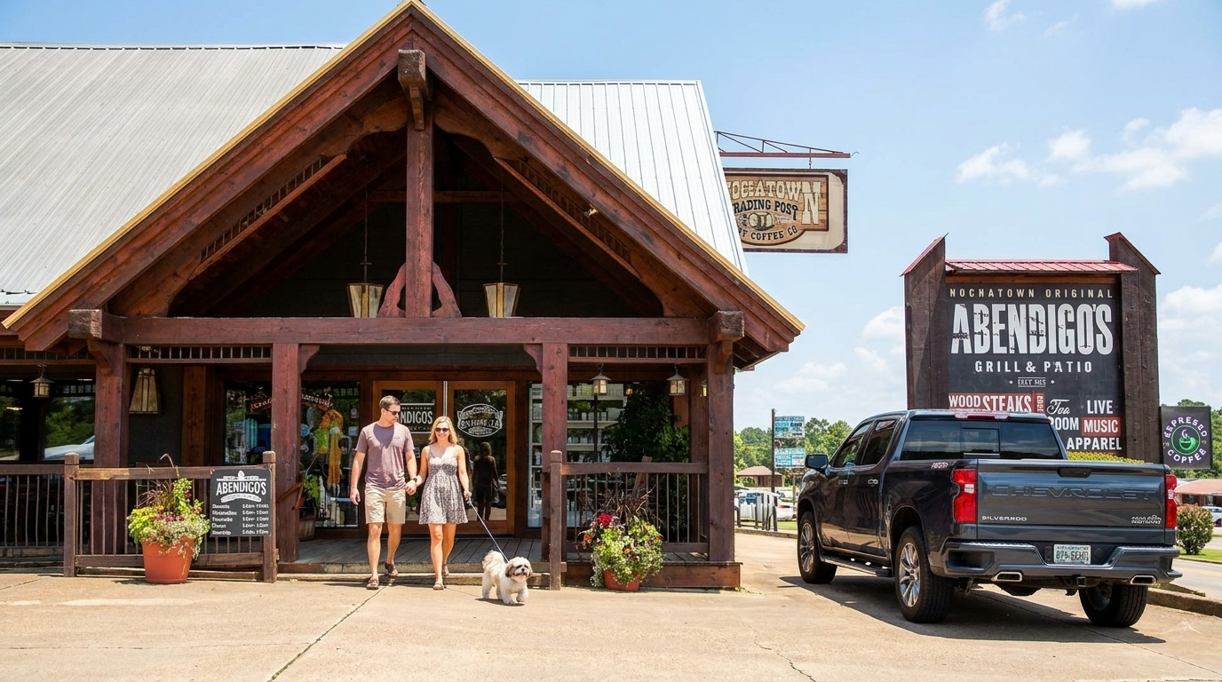 Rustic lodge entrance with people, a small dog, and a black pickup truck parked beside a sign.