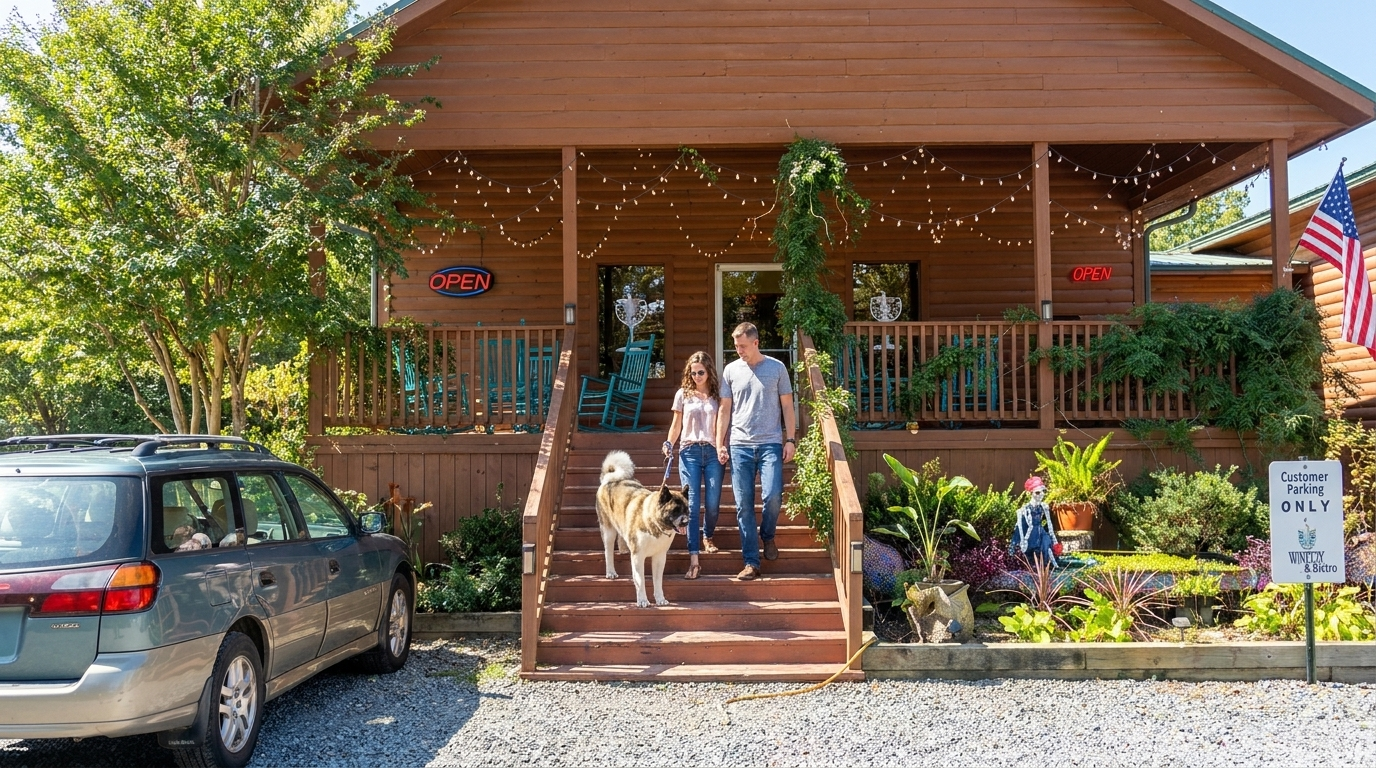 Family and dog on porch steps of a rustic cabin, with parked car and flowers outside