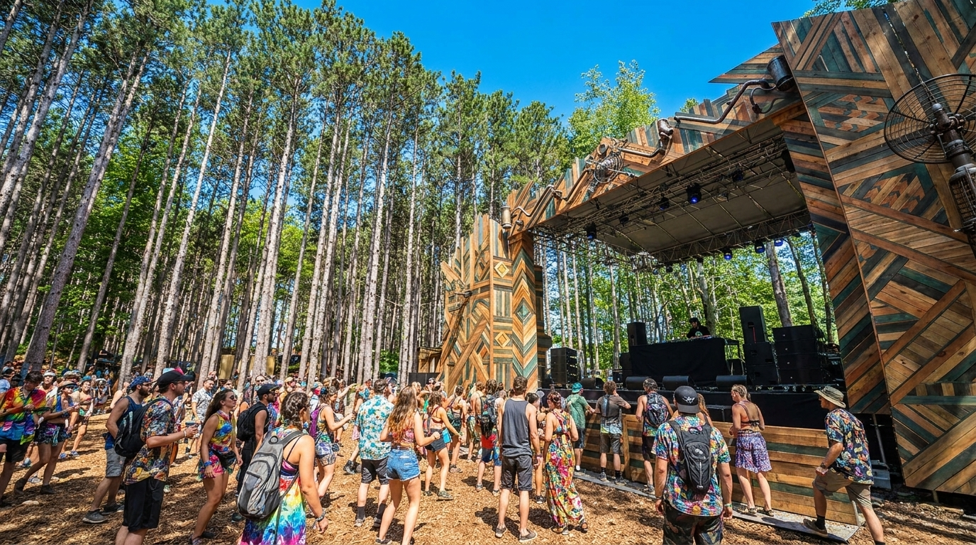 Crowd dancing at an outdoor music festival stage in a forest of tall pine trees