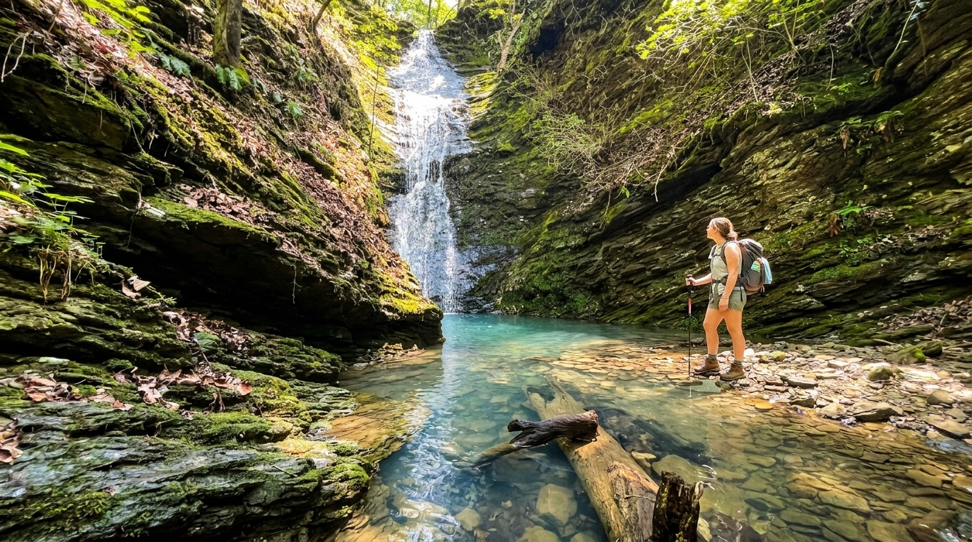 Person standing beside a turquoise waterfall in a lush rocky gorge