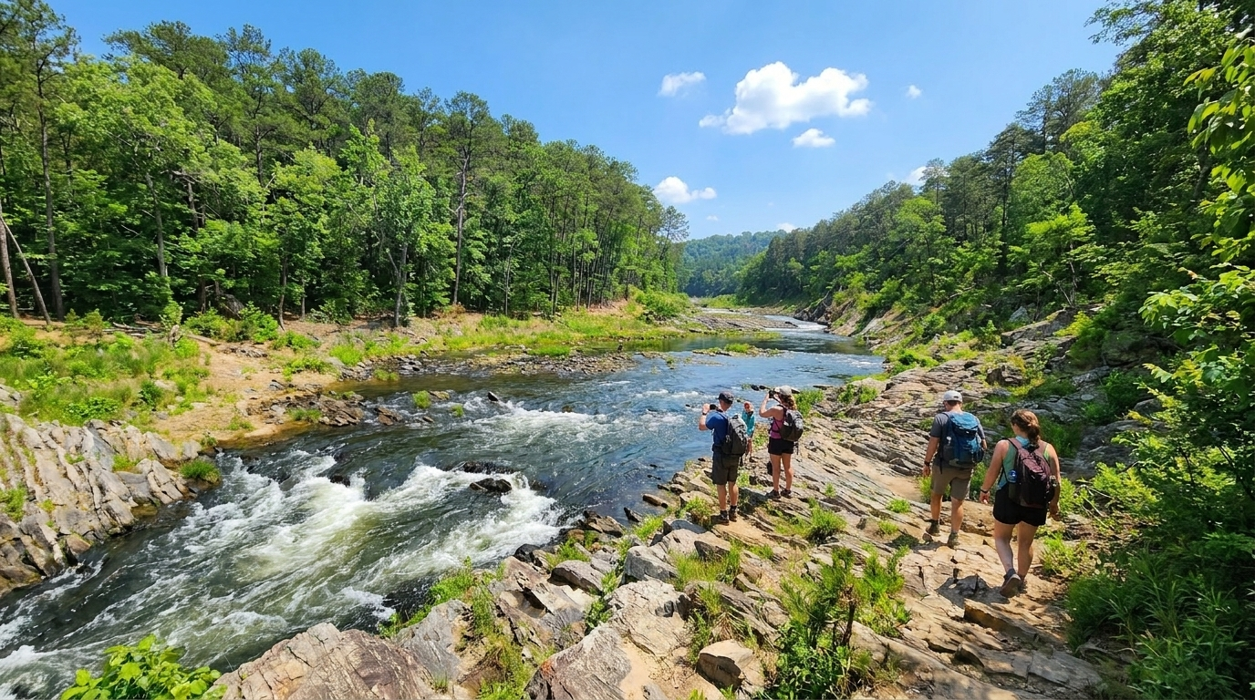 Hikers on a rocky trail beside a fast-flowing river in a lush green forest under a bright blue sky