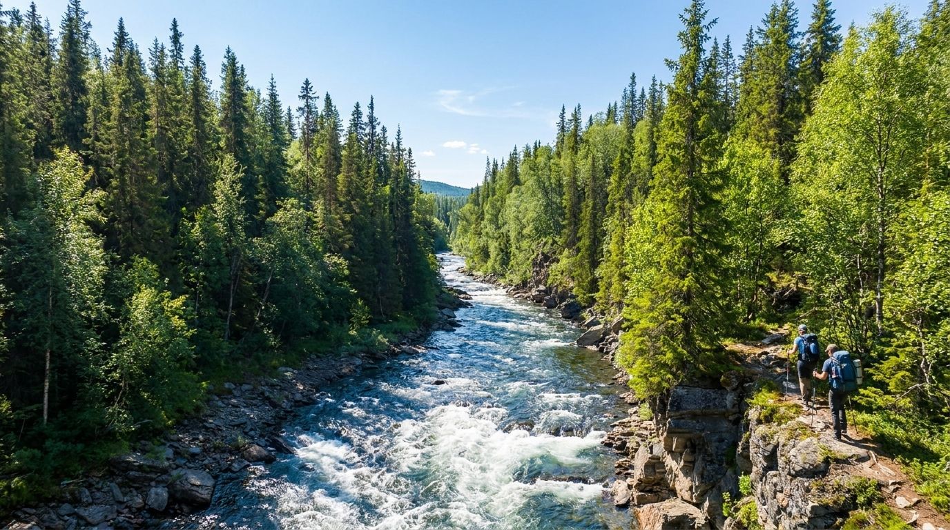 Rushing river through a pine forest canyon, with hikers on a rocky overlook under a clear blue sky